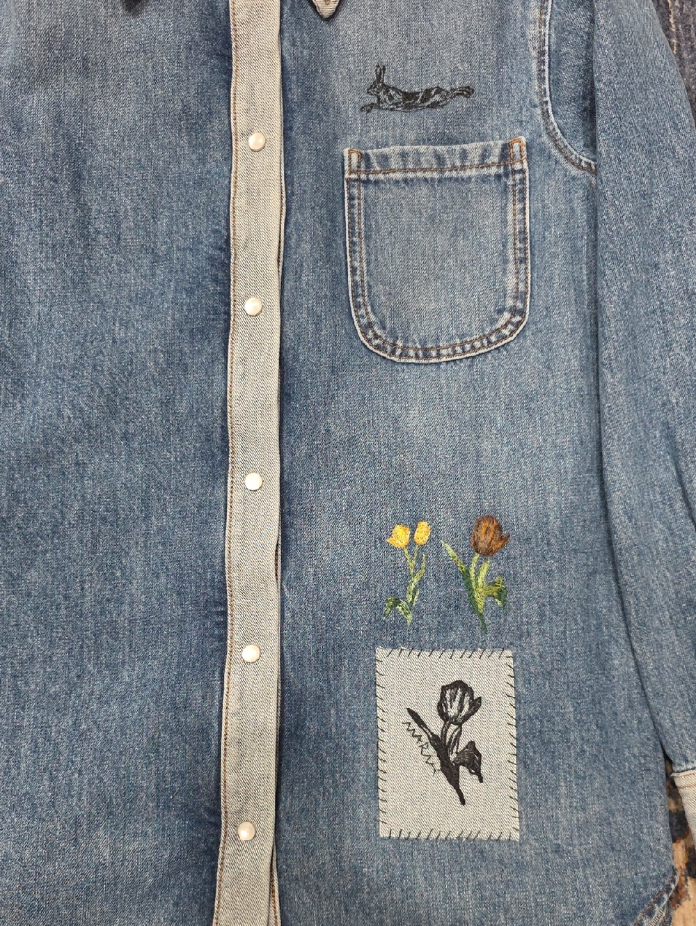 Marni Women's Denim Button-Front Shirt with Floral Embroidery - Picture 2 of 11